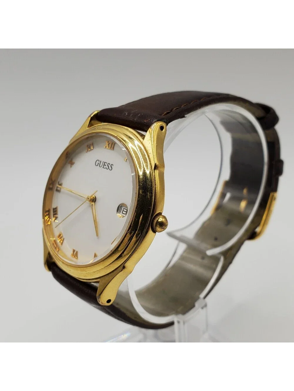 1992 Guess Watch For Parts Or Repair Gold Tone White Date Dial